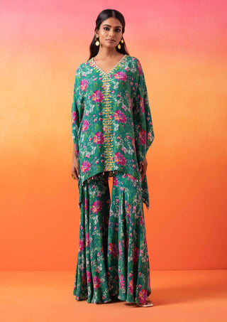 Seema Thukral-Emerald Green Printed Kaftan And Gharara-INDIASPOPUP.COM