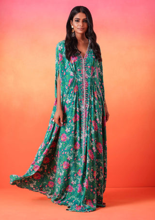 Seema Thukral-Emerald Green Printed Kaftan-INDIASPOPUP.COM