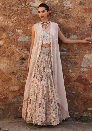Kaira Blush Pink Printed Lehenga And Cape Set by Seema Thukral available on Indiaspopup.com