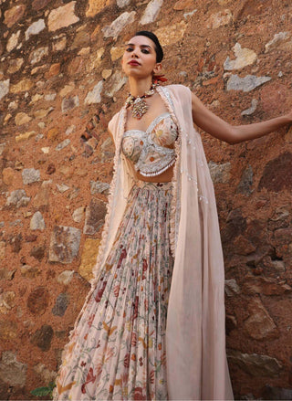 Kaira Blush Pink Printed Lehenga And Cape Set by Seema Thukral available on Indiaspopup.com