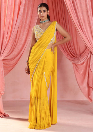Seema Thukral-Luna Mustard Yellow Stitched Sari And Blouse-INDIASPOPUP.COM