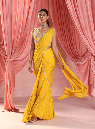 Seema Thukral-Luna Mustard Yellow Stitched Sari And Blouse-INDIASPOPUP.COM