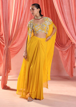 Seema Thukral-Avril Mustard Yellow Cape And Draped Skirt Set-INDIASPOPUP.COM