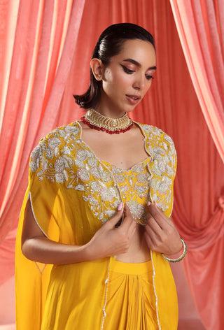 Seema Thukral-Avril Mustard Yellow Cape And Draped Skirt Set-INDIASPOPUP.COM