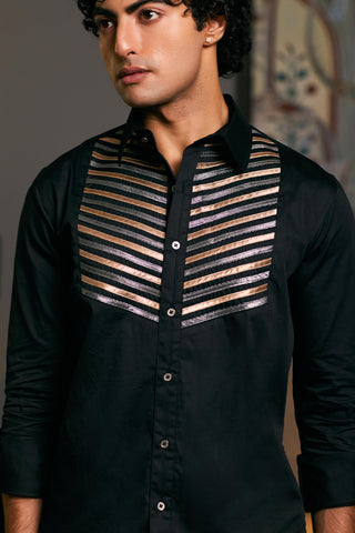 Black Metallic Strip Shirt by Siddartha Tytler Men, available on Indiaspopup.com
