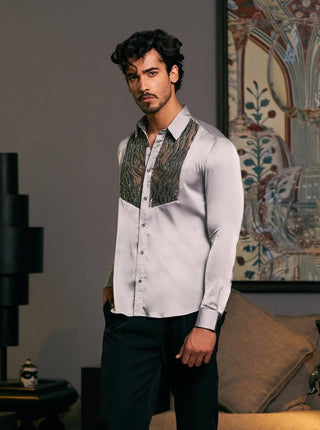 Steel Tuxedo Yoke Shirt by Siddartha Tytler Men, available on Indiaspopup.com