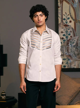 Ivory Metallic Strip Shirt by Siddartha Tytler Men, available on Indiaspopup.com