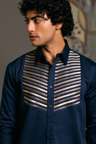 Navy Blue Metallic Strip Shirt by Siddartha Tytler Men, available on Indiaspopup.com