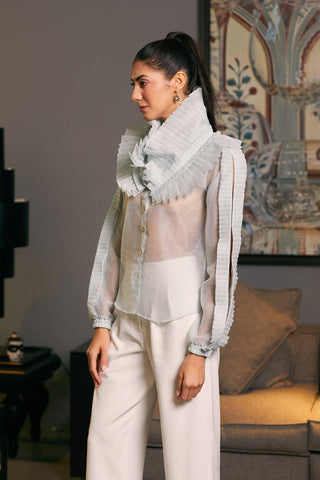 Ice Blue Textured Victorian Collar Shirt by Siddartha Tytler, available on Indiaspopup.com