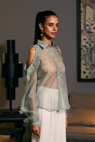 Moss Green Textured Cold Shoulder Shirt by Siddartha Tytler, available on Indiaspopup.com