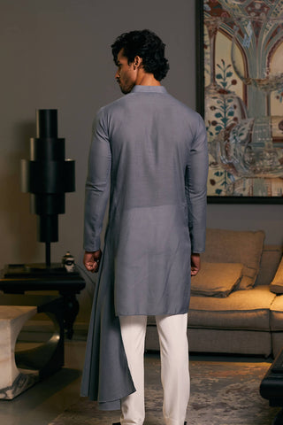 Slate Gray Asymmetric Drape Kurta by Siddartha Tytler Men, available on Indiaspopup.com