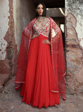 Seema Thukral-Ishika Coral Pink Anarkali And Dupatta-INDIASPOPUP.COM