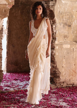Anima Ivory Draped Ruffle Sari And Blouse by Seema Thukral available on Indiaspopup.com