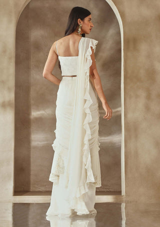 Seema Thukral-Ivory Draped Ruffle Sari And Blouse-INDIASPOPUP.COM