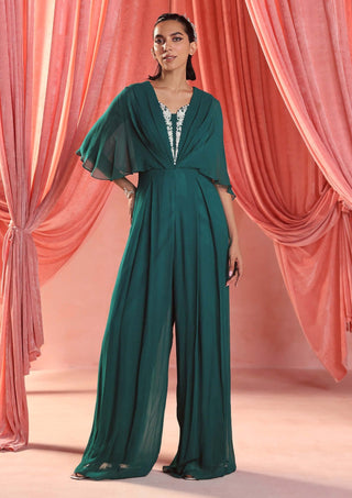 Seema Thukral-Maya Emerald Green Draped Jumpsuit-INDIASPOPUP.COM