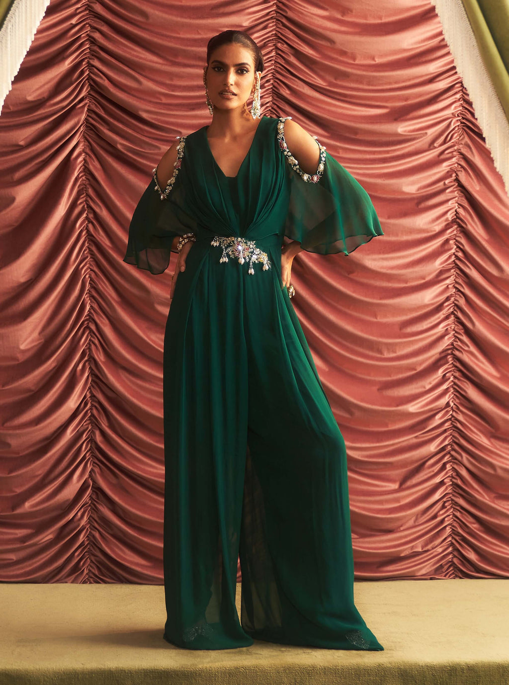 Oyemwen Forbidden Garden Green Draped Jumpsuit