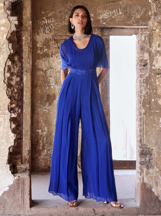 Seema Thukral-Alessia Electric Blue Pleated Jumpsuit-INDIASPOPUP.COM