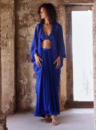 Myra Electric Blue Draped Skirt And Cape Set by Seema Thukral available on Indiaspopup.com
