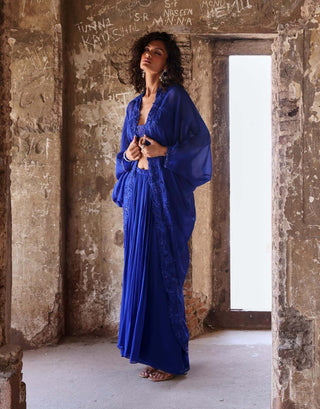 Myra Electric Blue Draped Skirt And Cape Set by Seema Thukral available on Indiaspopup.com