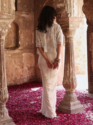 Keya Ivory Draped Skirt And Jacket Set by Seema Thukral available on Indiaspopup.com