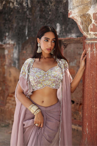Miranda Lilac Embellished Draped Skirt And Cape Set by Seema Thukral available on Indiaspopup.com