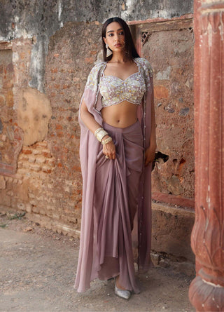 Miranda Lilac Embellished Draped Skirt And Cape Set by Seema Thukral available on Indiaspopup.com
