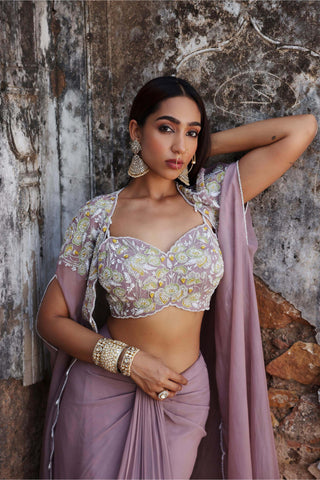 Miranda Lilac Embellished Draped Skirt And Cape Set by Seema Thukral available on Indiaspopup.com