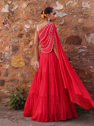 Disha Coral Pink Draped Blouse And Skirt by Seema Thukral available on Indiaspopup.com