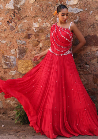 Disha Coral Pink Draped Blouse And Skirt by Seema Thukral available on Indiaspopup.com