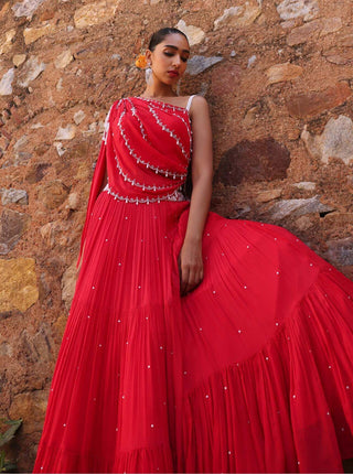 Disha Coral Pink Draped Blouse And Skirt by Seema Thukral available on Indiaspopup.com