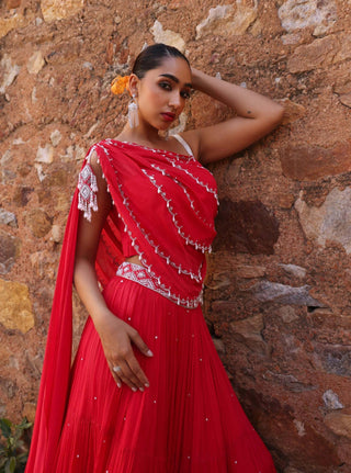 Disha Coral Pink Draped Blouse And Skirt by Seema Thukral available on Indiaspopup.com