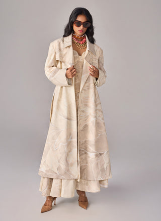 Harper Ivory Trench Coat And Skirt Set by Saaksha & Kinni available on Indiaspopup.com