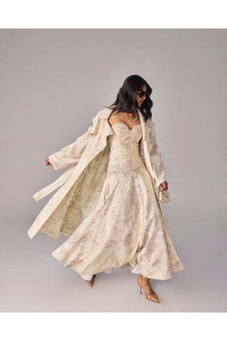 Harper Ivory Trench Coat And Skirt Set by Saaksha & Kinni available on Indiaspopup.com