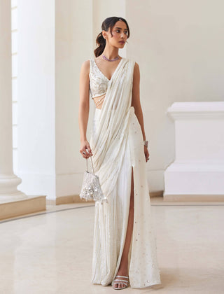 Pearl white slit sari and blouse