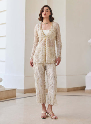 Pearl white organza pant-suit set