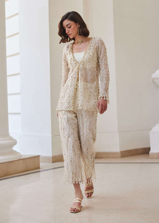 Pearl white organza pant-suit set