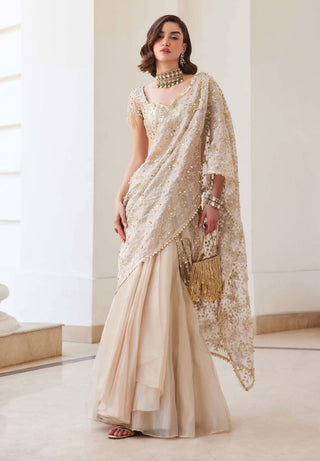Ivory gold silk tissue pre-drape sari set