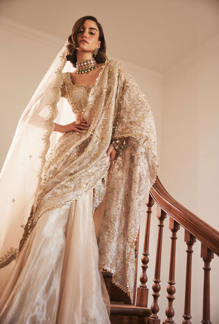Ivory gold silk tissue pre-drape sari set