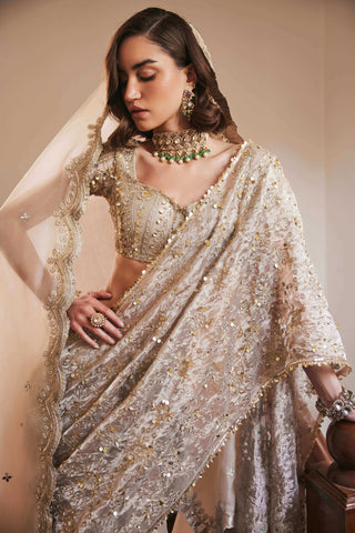 Ivory gold silk tissue pre-drape sari set