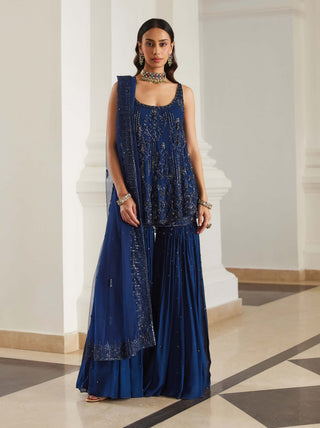 Teal blue biased kurta and sharara set