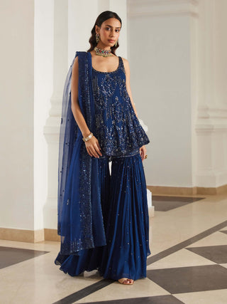 Teal blue biased kurta and sharara set