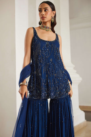 Teal blue biased kurta and sharara set