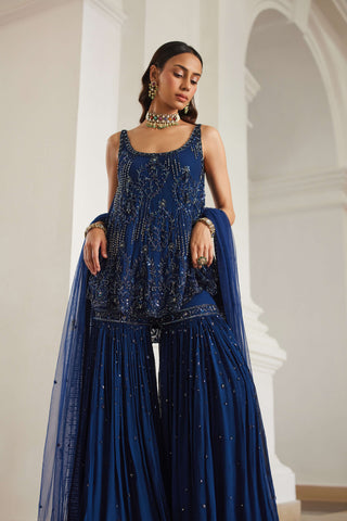 Teal blue biased kurta and sharara set