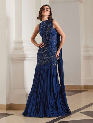 Teal blue sari and bodysuit