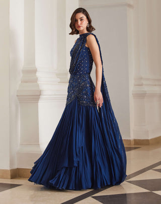 Teal blue sari and bodysuit