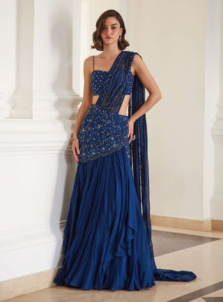 Teal blue drape sari with bustier