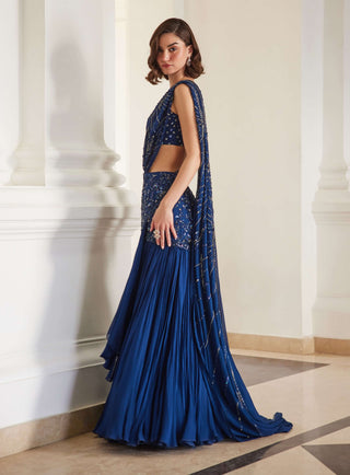 Teal blue drape sari with bustier