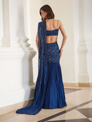 Teal blue drape sari with bustier