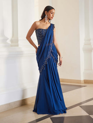 Teal blue geometric corset and draped sari