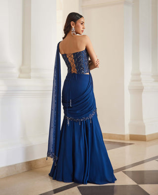 Teal blue geometric corset and draped sari